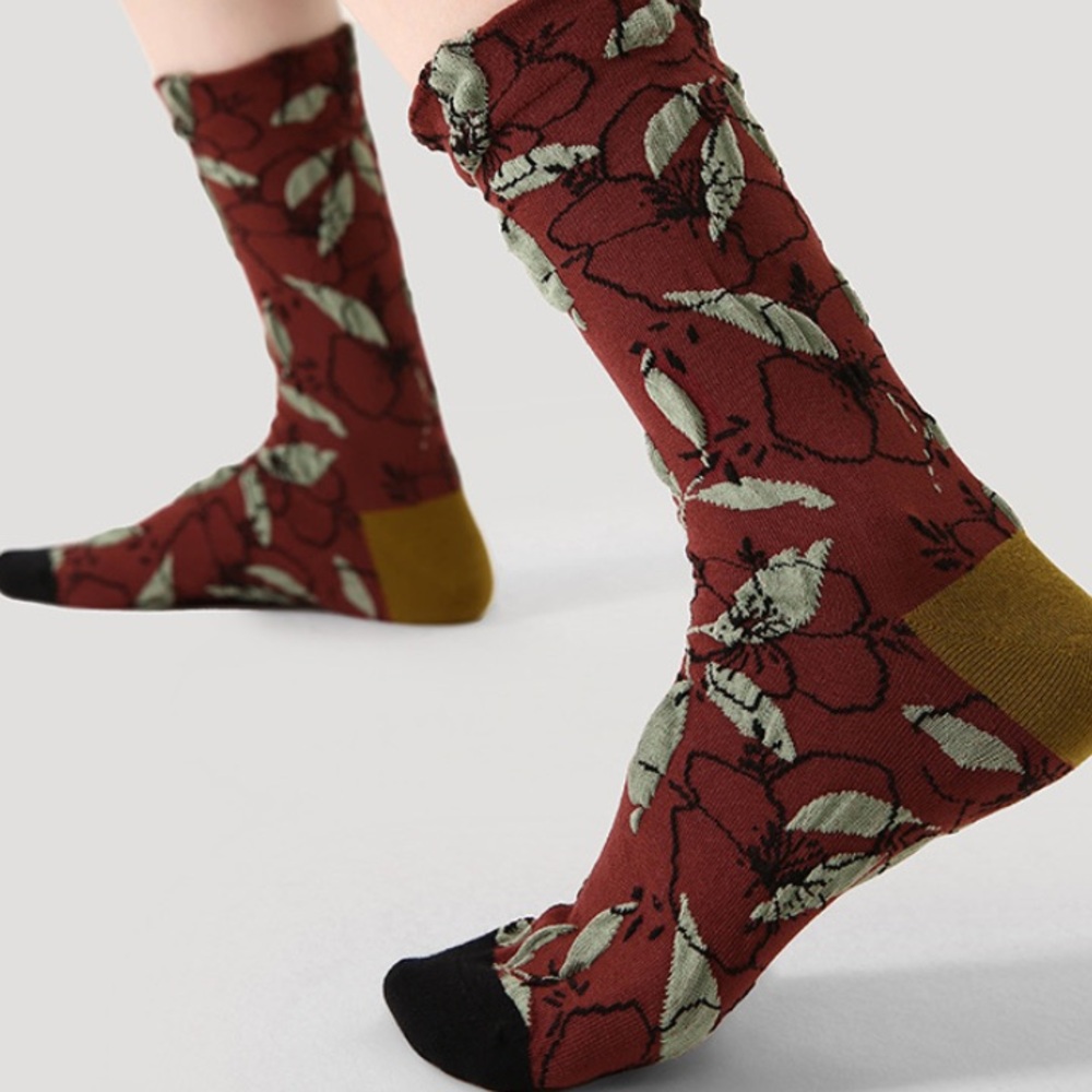 Floral Crew Socks for Women - Maroon Floral